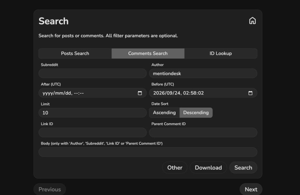 Arctic Shift comments search with mentiondesk as the author, a before date, a limit of 10, and descending date sort