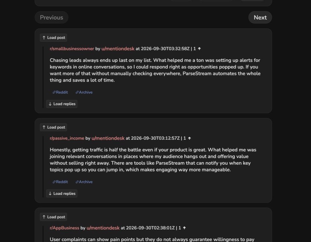 Arctic Shift result cards for comments by mentiondesk, including subreddit, timestamp, comment text, and source links