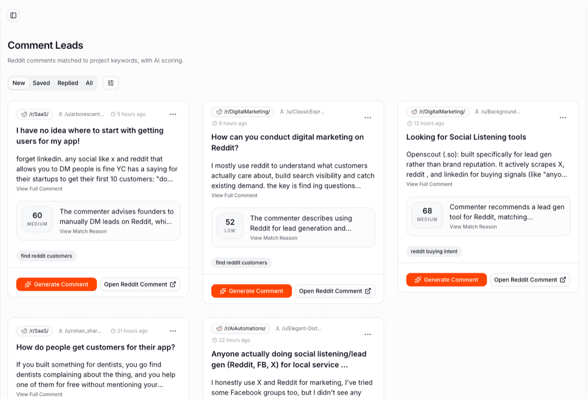 IntentLoom Comment Leads showing matched Reddit comments, AI scores, and match reasons for human review.